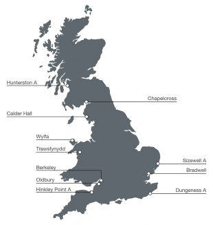 Map showing the location of Magnox reactor sites