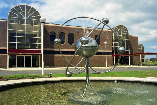 Outside the Sellafield Visitors Centre with a water feature in the foreground