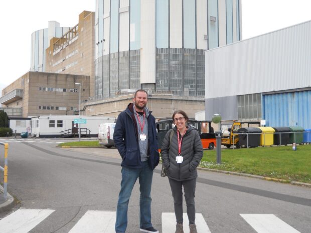 Jenny Mitcham and Paul Wheatley from the DPC outside Oldbury's reactor building