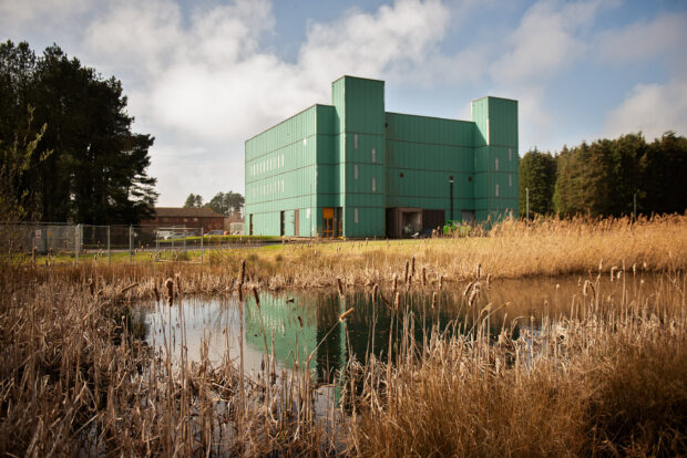 A green building with a pond and plants in the foreground.