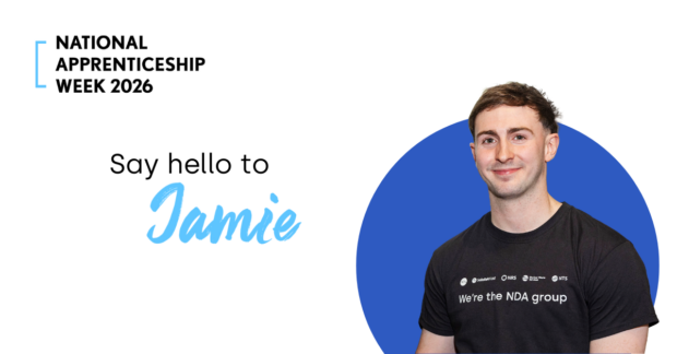 Jamie Fowler, with blue circle behind and 'Say hello to Jamie' title